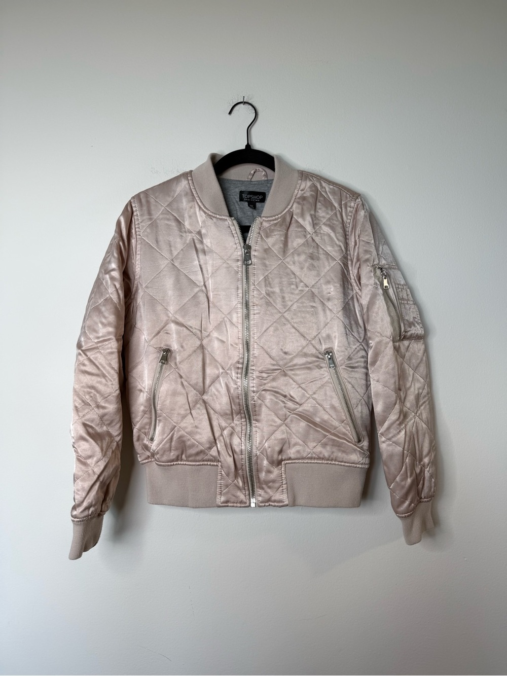 Topshop Quilted Satin Bomber Jacket - Pale Pink
